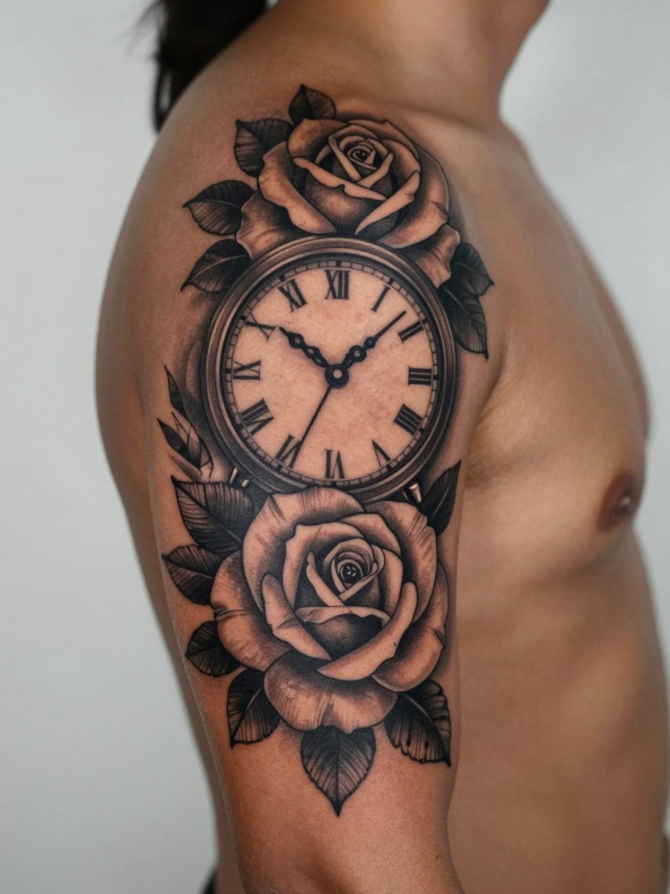 close-up of a clock and rose full sleeve tattoo on deep brown skin, detailed vintage clock face, layered roses, black and grey shading, clean bold linework, realistic skin texture, tight crop, design-focused close-up, minimal blurred background, modern tattoo photography (no watermarks on images)