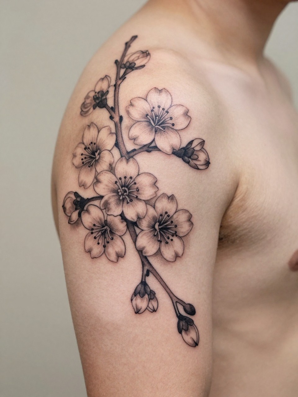 macro shot of a Japanese cherry blossom armband tattoo on a man's upper arm, blossoms and branch detail wrapping around the arm, black and grey ink, fine traditional linework, soft shading, clean masculine composition, realistic skin texture, design-first tattoo composition, soft neutral background, tattoo inspiration image (no watermarks on images)