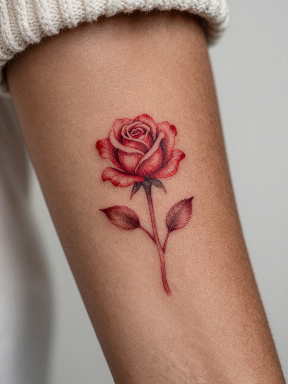  "macro shot of a small red rose tattoo on rich brown skin at the forearm, red ink petals, fine line stem, soft delicate shading, realistic skin texture, soft knit sleeve edge, design-first tattoo composition, clean neutral background, modern feminine tattoo inspiration image (no watermarks on images)"