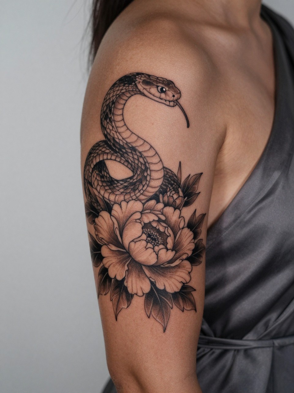 design-focused close-up of a snake and peony sleeve tattoo on deep brown skin, coiled snake weaving through blooming peonies, black ink with soft shading, clean linework, realistic skin texture, satin robe edge visible, minimal blurred background, modern feminine tattoo inspiration photo (no watermarks on images)