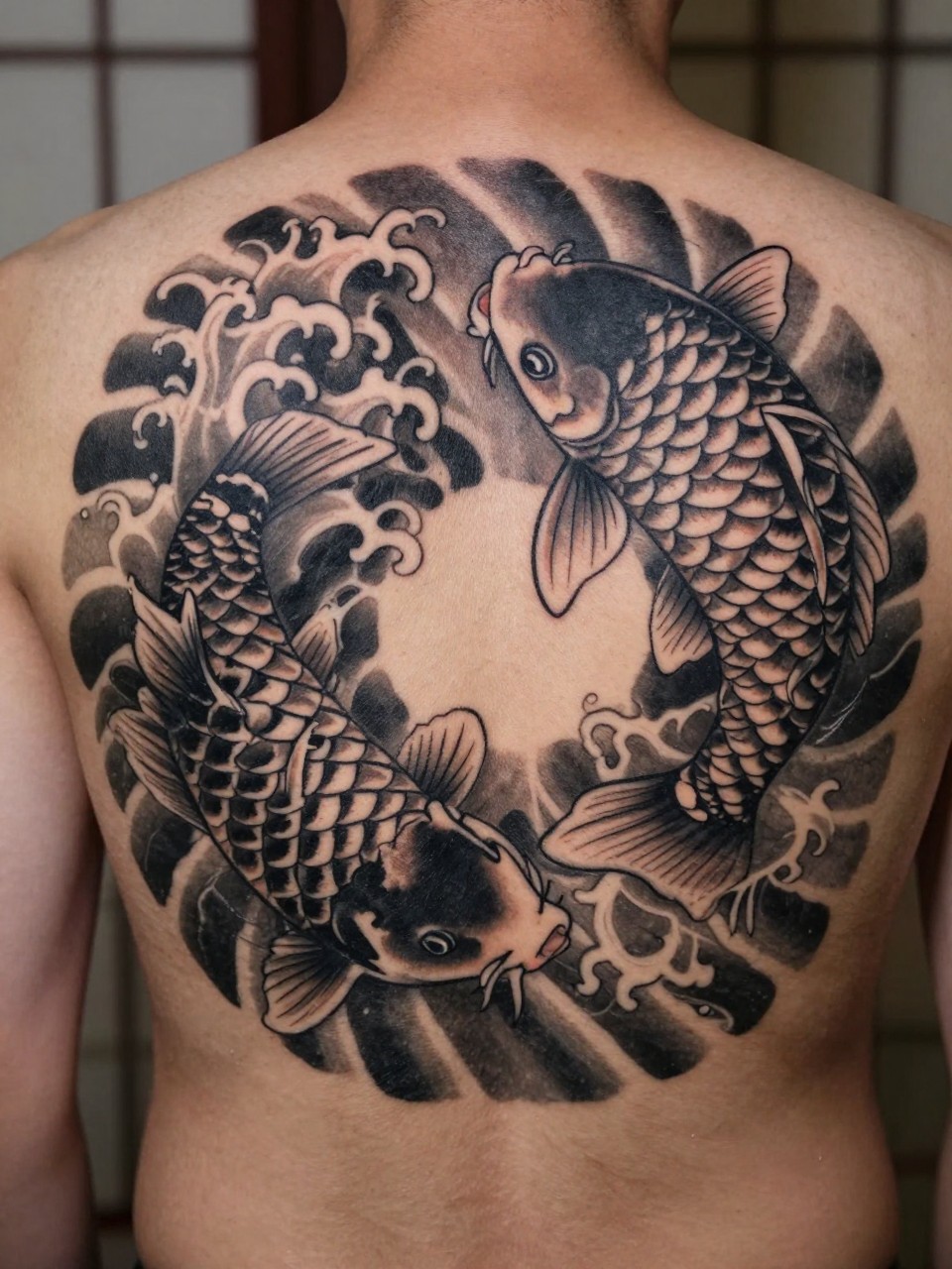 "macro shot of a full back Japanese dual koi tattoo on a man, two koi fish circling in yin-yang style with wave filler, black and grey ink, detailed scales, strong traditional linework, soft shading, realistic skin texture, dramatic back composition, soft neutral background (no watermarks on images)"