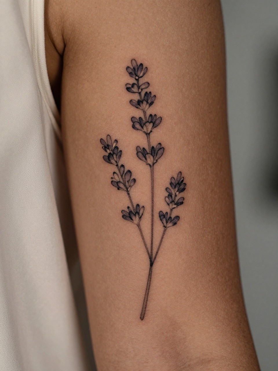 close-up of a lavender stem spine tattoo on deep brown skin, fine line black ink, delicate buds and slim stem running vertically along the spine, minimalist floral elegance, realistic skin texture, soft silk fabric nearby, design-focused close-up, neutral blurred background, modern tattoo photography (no watermarks on images)