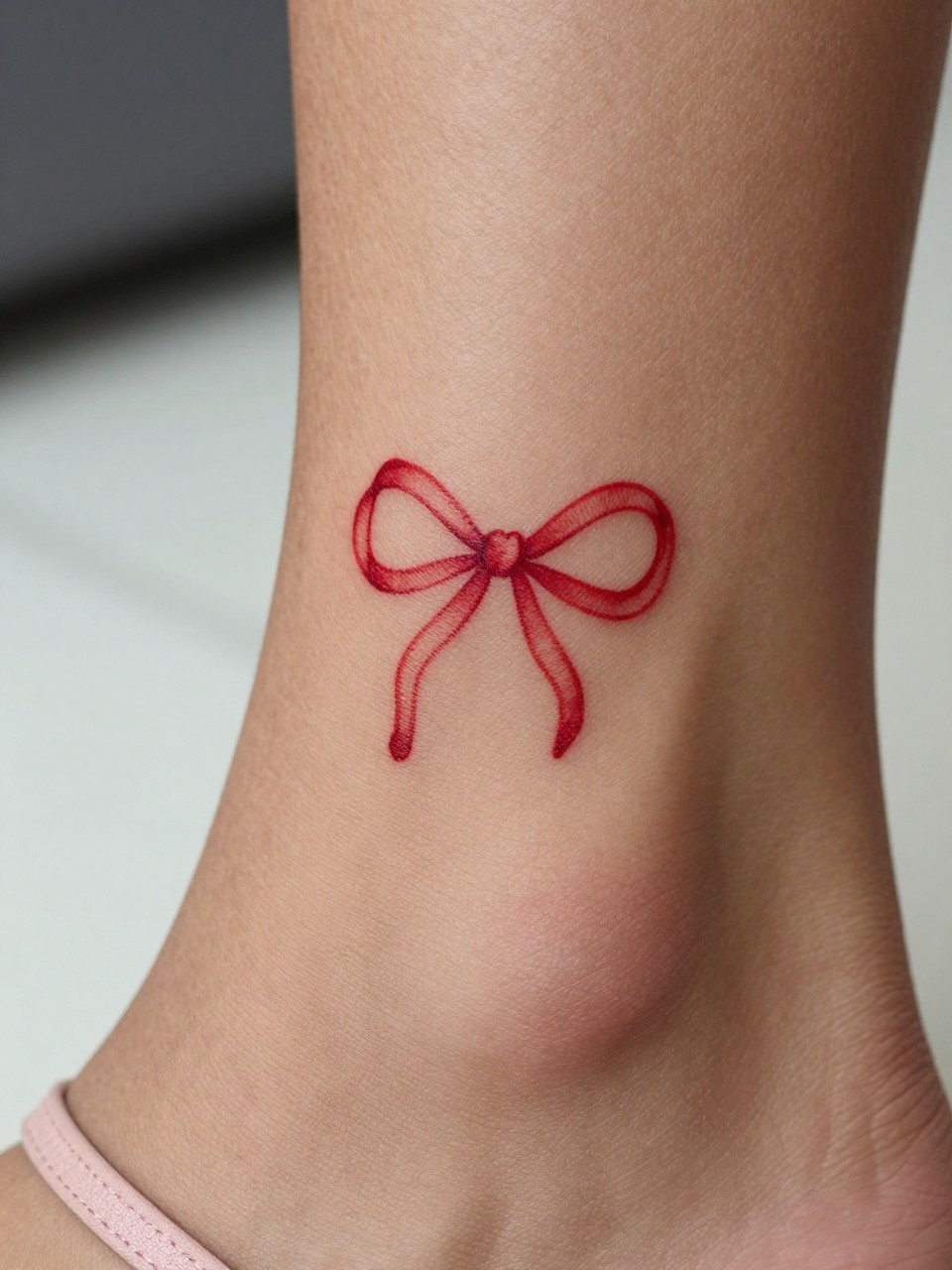 "extreme close-up of a tiny red bow tattoo on dark skin at the back of the ankle, crisp red ink, fine line ribbon loops, small minimalist design, realistic skin texture, soft shoe strap nearby, tight crop, minimal blurred background, feminine tattoo inspiration photography (no watermarks on images)"