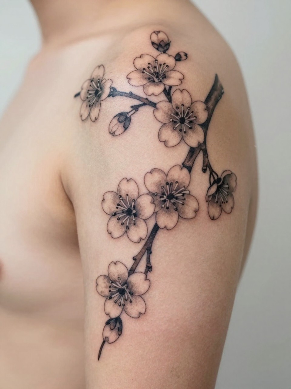 extreme close-up of a traditional Japanese cherry blossom tattoo on the shoulder or forearm, fine blossoms on a branch, black and grey ink, soft shading, elegant traditional linework, realistic skin texture, minimal soft background, design-focused tattoo inspiration photography (no watermarks on images)