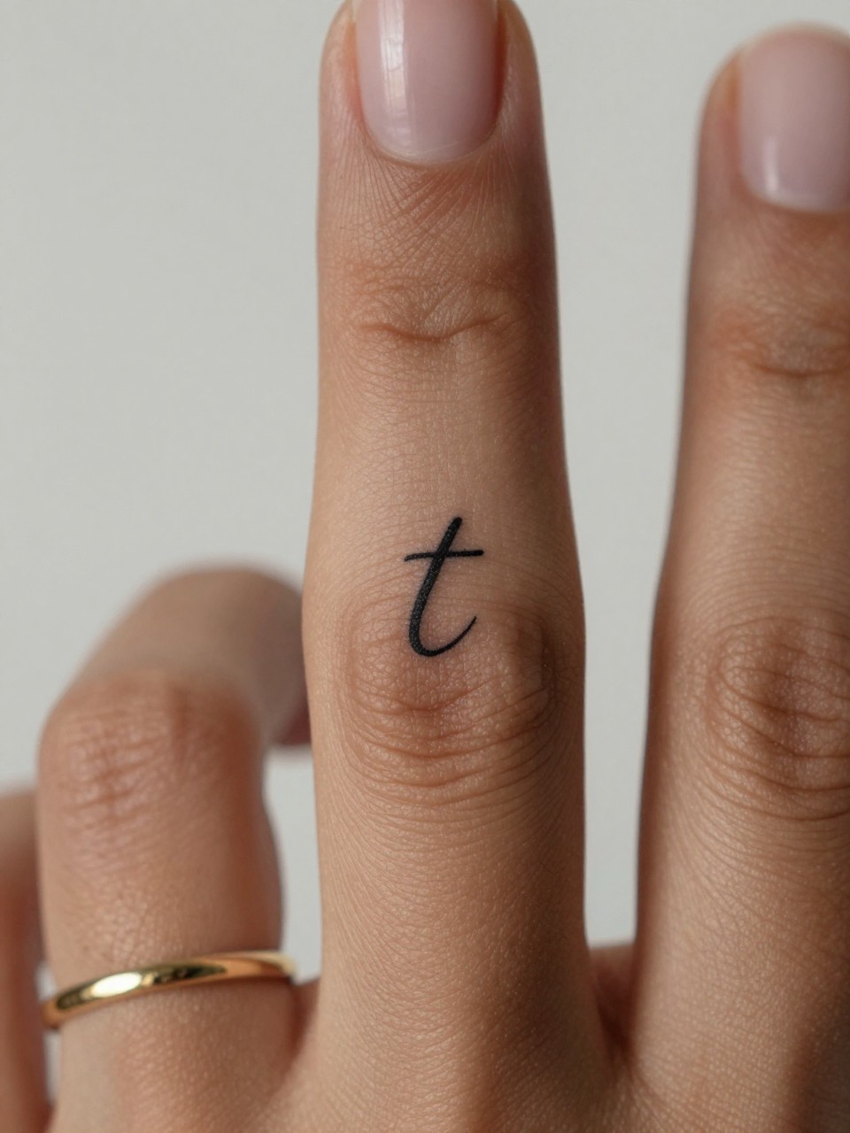 "extreme close-up of a small single initial tattoo on deep brown skin at the side of the finger, clean black ink, fine line lettering, minimalist style, realistic skin texture, neutral manicure, gold ring, design-focused close-up, soft minimal background, feminine tattoo inspiration photography (no watermarks on images)"