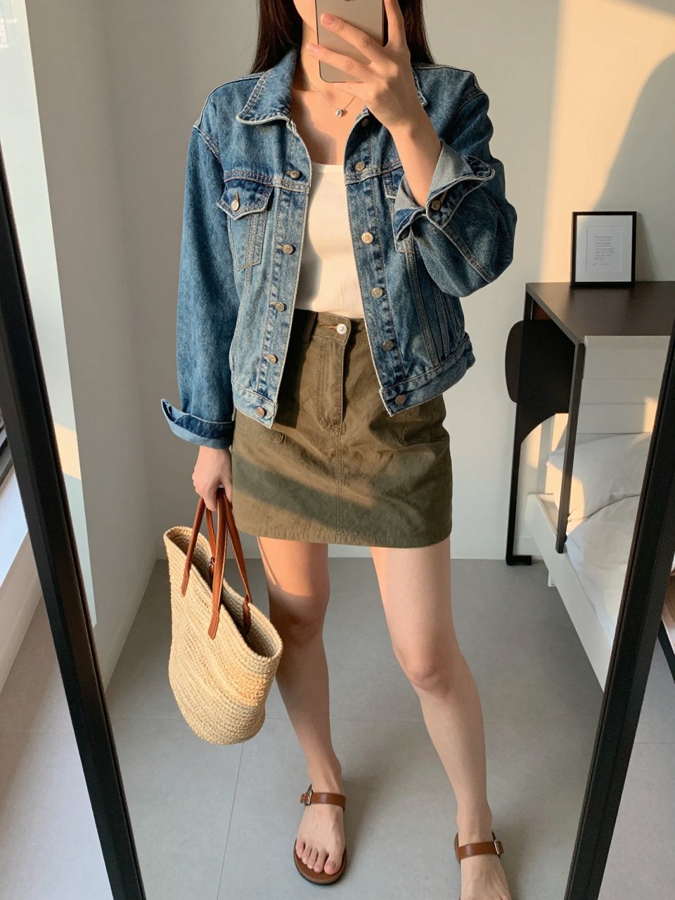 iPhone mirror selfie of a woman in a denim jacket over a white tank and olive green mini skirt with flat sandals, holding a straw tote, cropped at NECK so face doesn't show, in a city apartment, evening golden hour, iPhone photo quality.