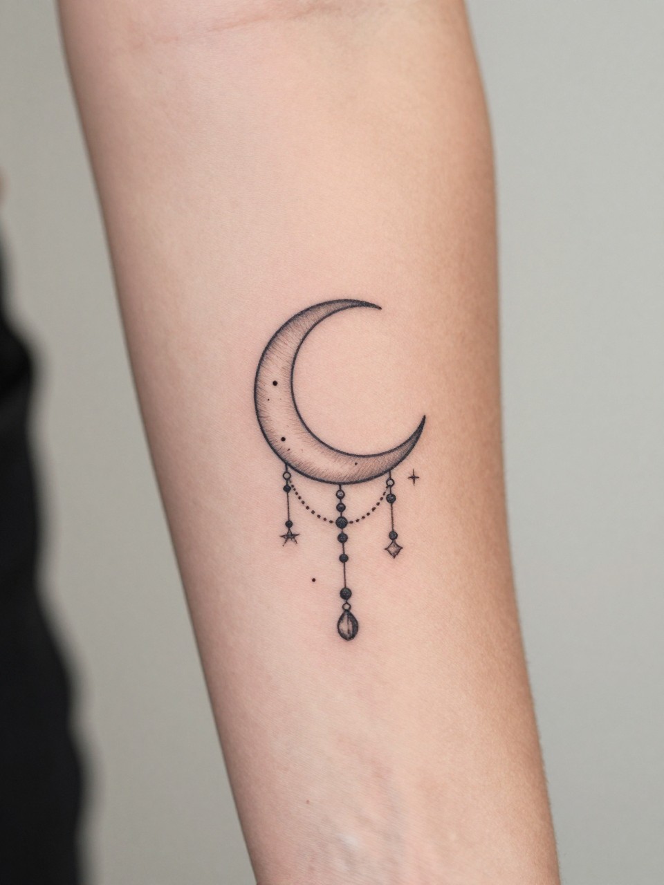 "extreme close-up of a boho flash tattoo featuring a crescent moon with hanging charms on women's forearm, clean black ink, fine line moon, tiny bead and star details, delicate feminine boho style, realistic skin texture, ring visible, design-focused close-up, soft neutral background, modern tattoo inspiration photography (no watermarks on images)"