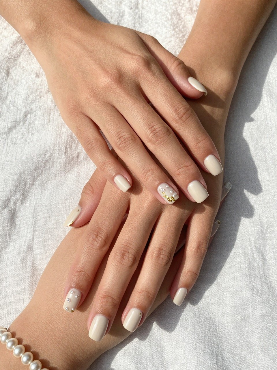 90-degree overhead top-down view of two feminine black hands with rounded square medium nails.
The manicure features a creamy neutral base with tiny pearl accents and delicate gold metallic details on two accent nails.
Include glossy gel finish.

Hands are posed one hand placed gently over the other.

Scene set on a soft linen cloth with a pearl bracelet nearby.

Bright natural daylight with soft shadows, hyper-realistic lifestyle photography, sharp focus on nails, natural skin texture, realistic hands, no extra fingers.