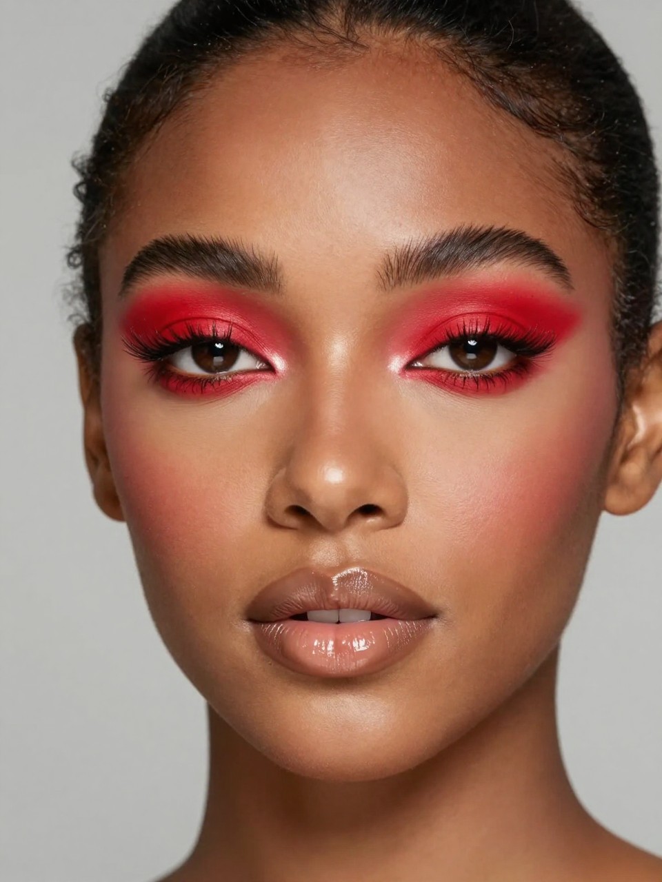 Super realistic close-up beauty portrait of a black woman wearing bold poppy-red graphic eye makeup in a clean floating shape above and around the lids, smooth bright eyelid base, clean lengthened lashes, soft nude-tan blush, clear beige nude glossy lips, polished brows, realistic skin texture with a satin finish, shot from a front-facing beauty portrait, with sharp diffused studio lighting that clearly reveals the graphic red eye design, clean skin, and glossy lips, sleek pulled-back hair, minimal soft gray background, feminine modern beauty photography, latest iPhone photo quality.