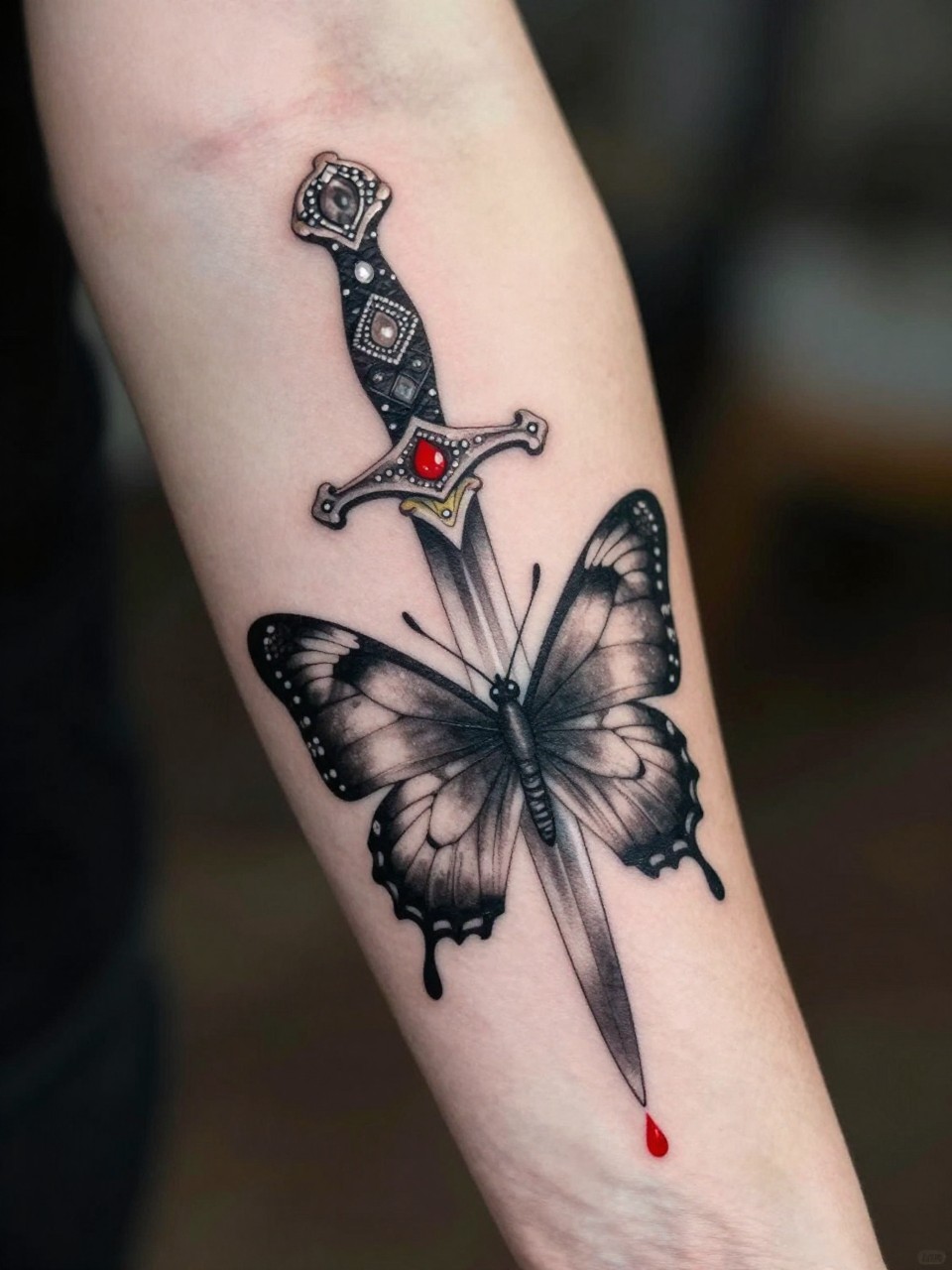  "Forearm close-up: a ornate dagger with a jewelled hilt impaling a detailed butterfly tattoo. Black and grey with a single drop of red ink at the point of impact."