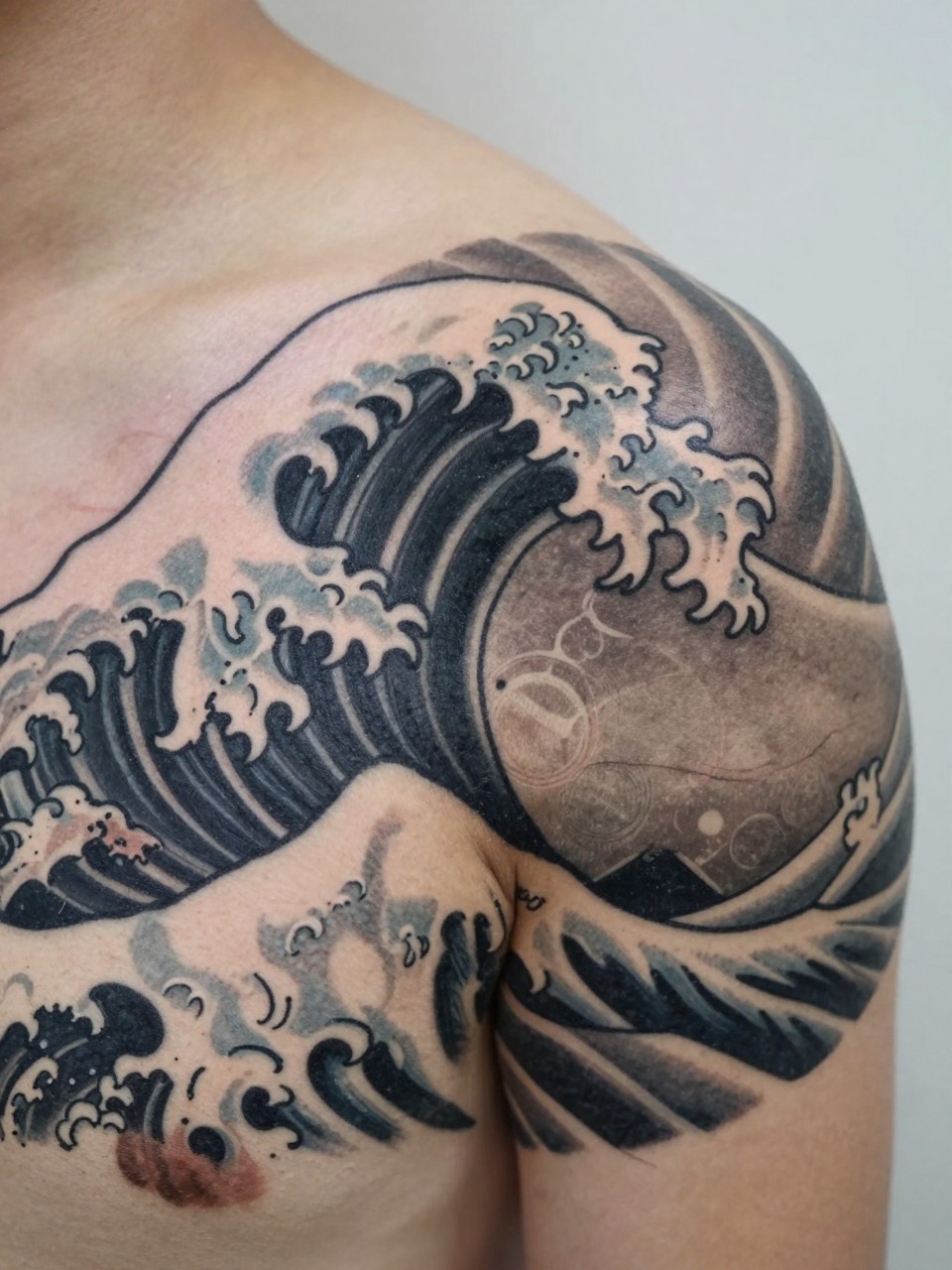 extreme close-up of a clean Japanese shoulder wave tattoo, bold cresting wave shaped around the shoulder cap, black and grey ink, crisp traditional linework, soft shading, realistic skin texture, soft minimal background, design-focused tattoo inspiration photography (no watermarks on images)