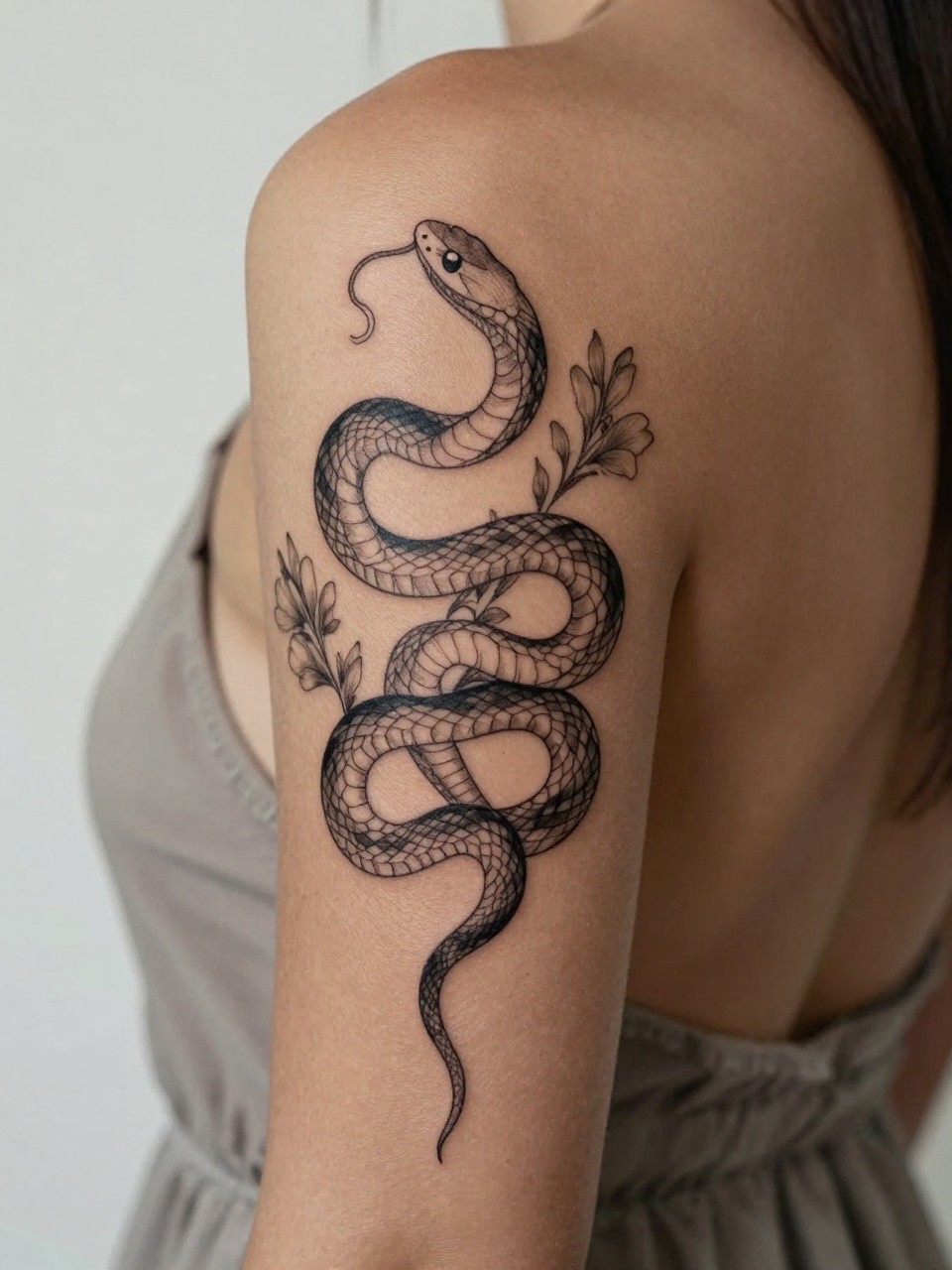 extreme close-up of a snake and floral spine tattoo on dark skin, black ink snake flowing down the center of the back with delicate flowers around it, clean linework, soft shading, realistic skin texture, open-back dress visible, soft minimal background, design-focused feminine tattoo inspiration photography (no watermarks on images)