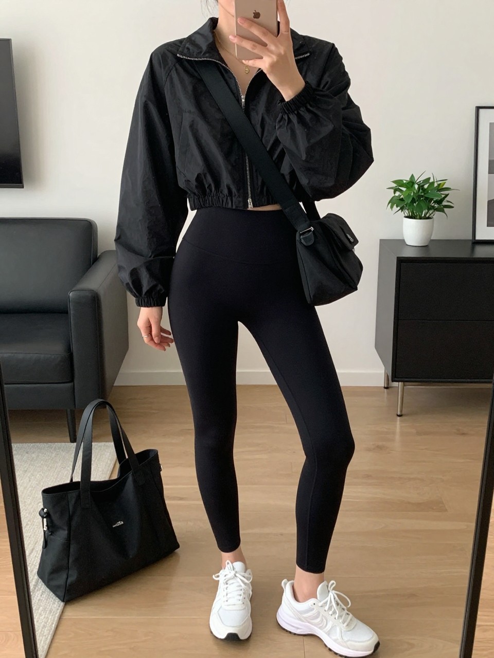  mirror selfie of a woman wearing a cropped black windbreaker with a light matte finish, high-waisted black stretch leggings, white athletic sneakers, a black nylon crossbody bag, and slim black rectangular sunglasses, holding a phone in front of a mirror, cropped at NECK so the face does not show, with a relaxed casual selfie pose, in a stylish city apartment, soft indoor lighting, including a tote bag resting on the floor and a small plant on a dresser, latest iPhone photo quality. (no watermarks on images)