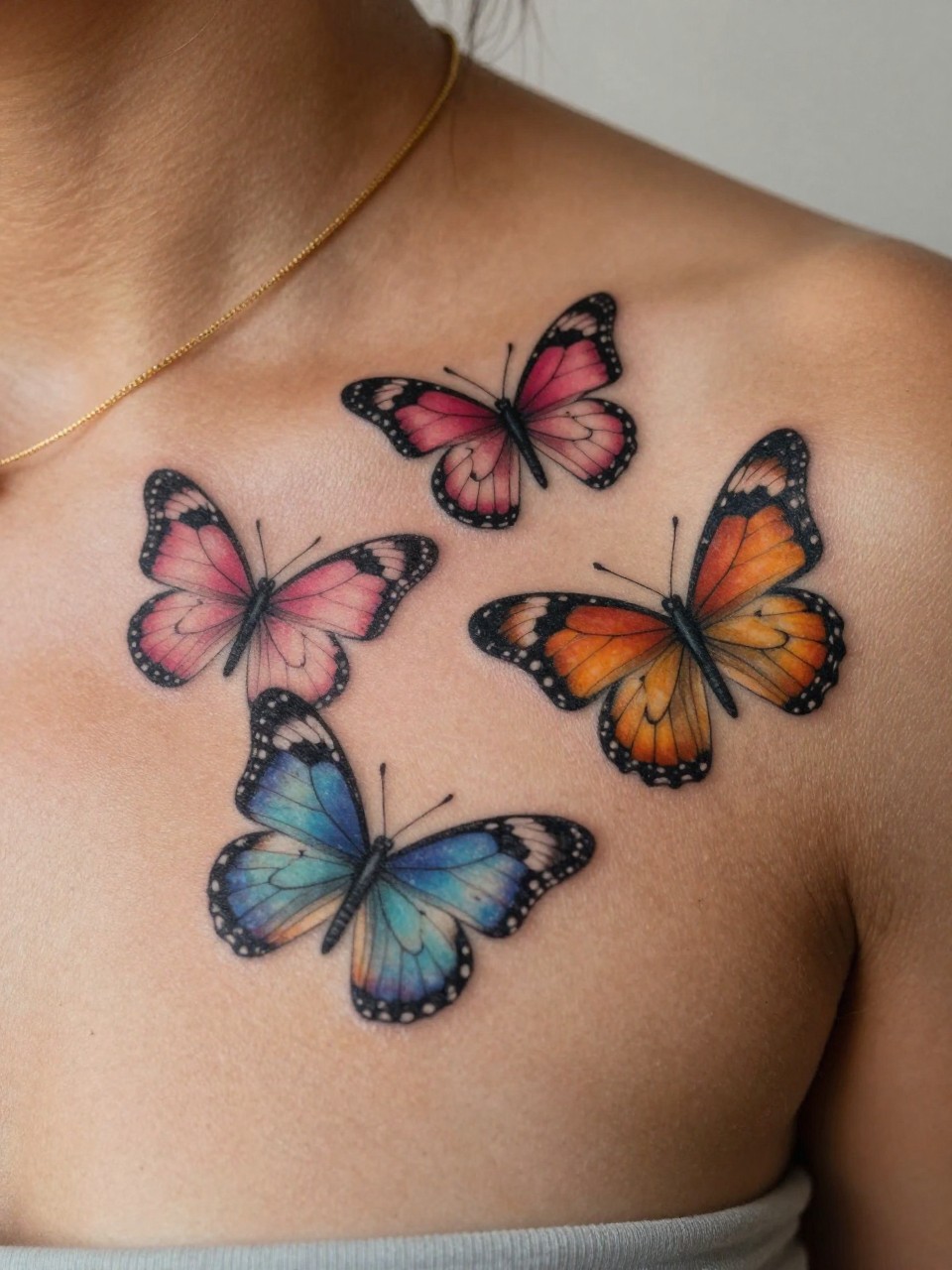 macro shot of three colorful butterfly tattoos on rich brown skin at the collarbone, pink blue and orange wings, fine line detail, soft shading, realistic skin texture, gold necklace chain visible, tight crop, design-first composition, soft neutral background, tattoo inspiration image (no watermarks on images)
