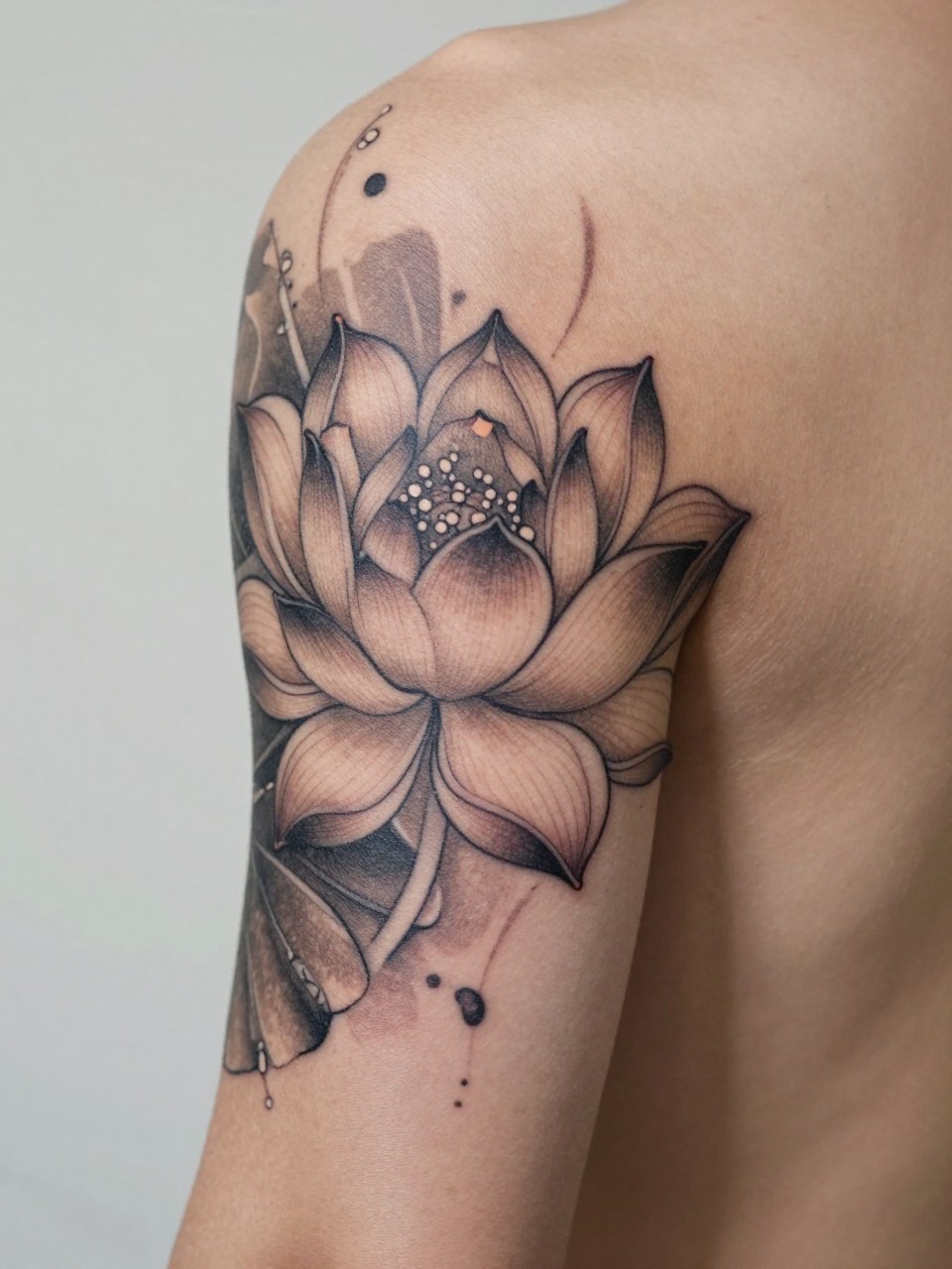 extreme close-up of a traditional Japanese lotus and water tattoo on the forearm or back, detailed lotus petals, flowing water accents, black and grey ink, fine traditional linework, soft shading, realistic skin texture, minimal soft background, design-focused tattoo inspiration photography (no watermarks on images)