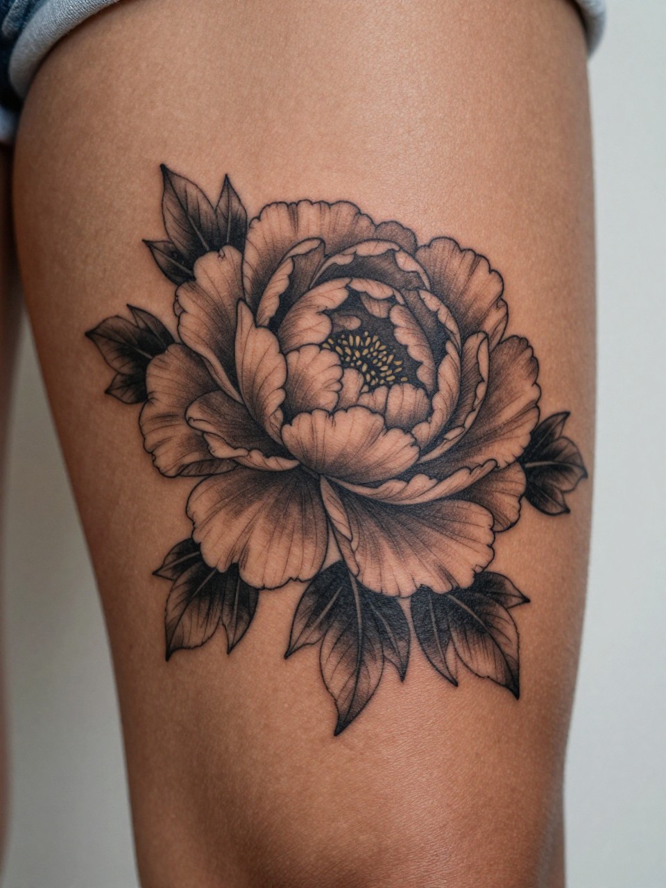 "macro shot of a large peony tattoo on rich brown skin at the outer thigh, black ink, layered petals, soft shading, elegant floral composition, realistic skin texture, satin slip edge visible, tight crop, design-first tattoo image, soft minimal background, feminine modern inspiration photography (no watermarks on images)"