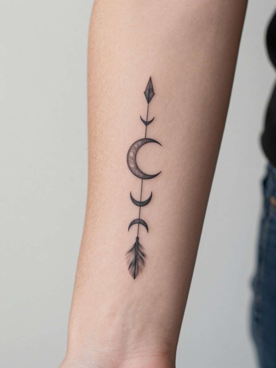 "extreme close-up of a moon phases and arrow boho flash tattoo on women's forearm, clean black ink, fine line arrow, tiny lunar phase symbols, soft feather detail, realistic skin texture, soft minimal background, design-focused feminine tattoo inspiration photography (no watermarks on images)"