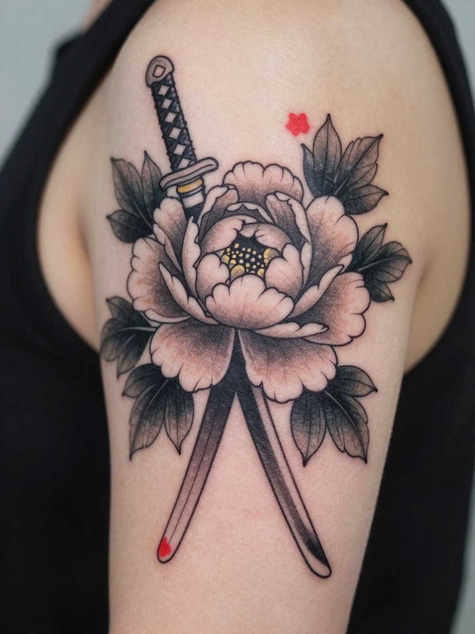 extreme close-up of a Japanese flower and katana tattoo on the upper arm, blooming peony crossed with a slim katana, black and grey ink, subtle red floral accents, bold traditional linework, realistic skin texture, soft minimal background, design-focused tattoo inspiration photography (no watermarks on images)