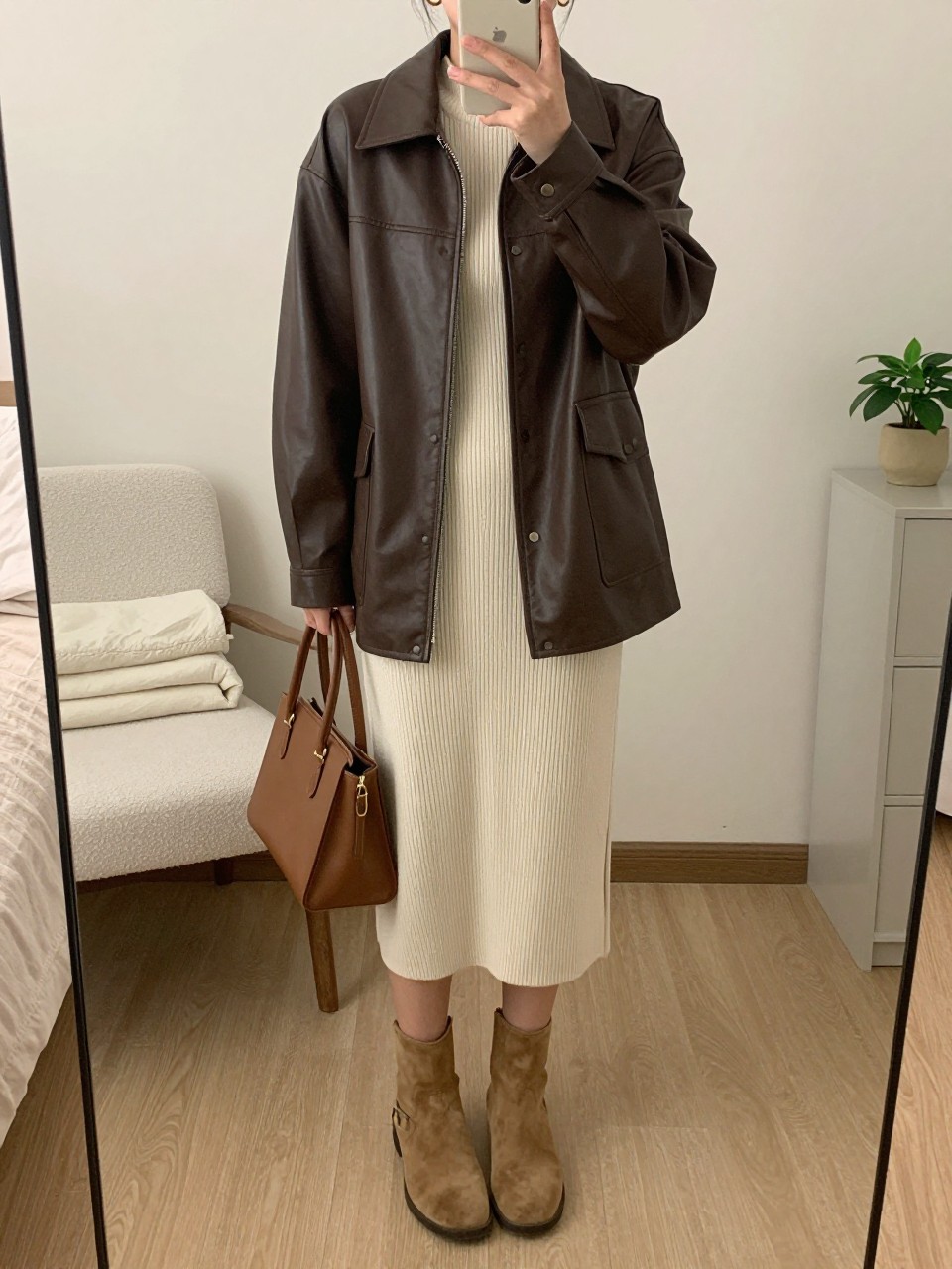 mirror selfie of a woman wearing the exact outfit described above, clearly showing a chocolate brown sleek leather jacket, cream ribbed knit midi dress, tan suede ankle boots, brown top-handle handbag, and small gold hoop earrings, holding a phone in front of a mirror, cropped at NECK so the face does not show, with a relaxed casual selfie pose, in a cozy bedroom mirror setup, soft indoor lighting, including a folded blanket on a chair and a small plant on a dresser, latest iPhone photo quality.