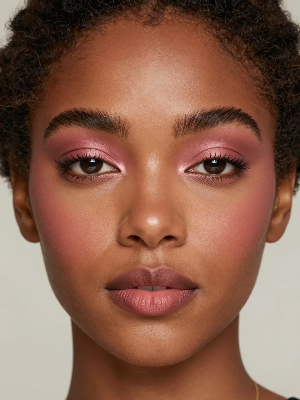 Super realistic close-up beauty portrait of a Black woman wearing dusty rose matte eyeshadow blended smoothly over the lids with muted brown outer corners, soft matte skin, lightly bronzed cheeks, fluffy brushed-up brows, muted rose blurred lips, and natural defined lashes, shot from a front-facing portrait, with diffused studio lighting that clearly reveals the matte texture and skin finish, realistic skin texture, softly styled hair framing the face, minimal neutral background, feminine modern beauty photography, latest iPhone photo quality (no watermarks on images).