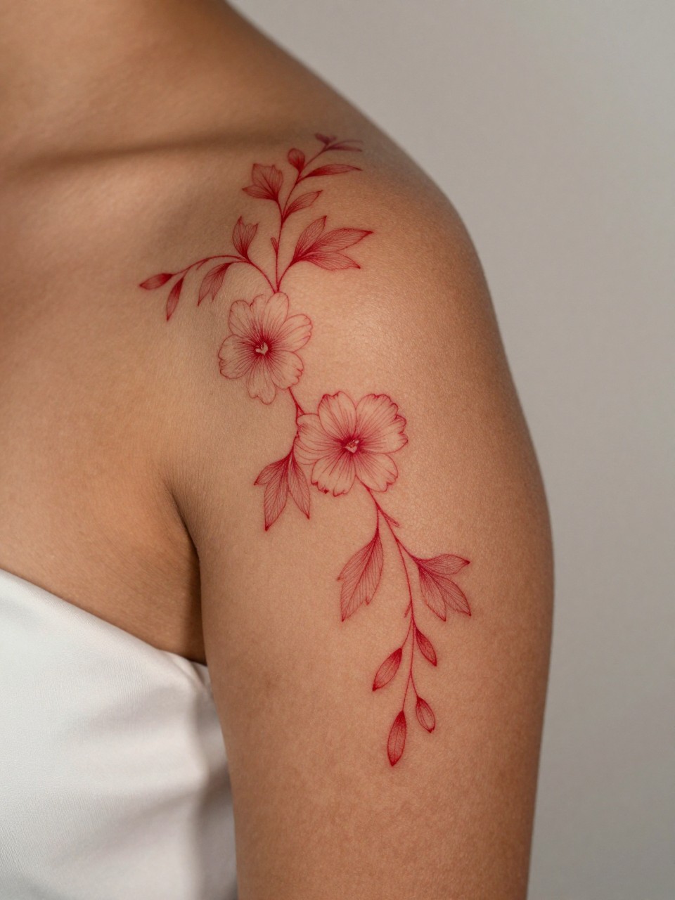 "close-up of a red floral vine tattoo on deep brown skin along the shoulder curve, clean red ink, fine line leaves and tiny blooms, delicate flowing composition, realistic skin texture, satin fabric nearby, design-focused close-up, minimal neutral background, feminine modern tattoo photography (no watermarks on images)"