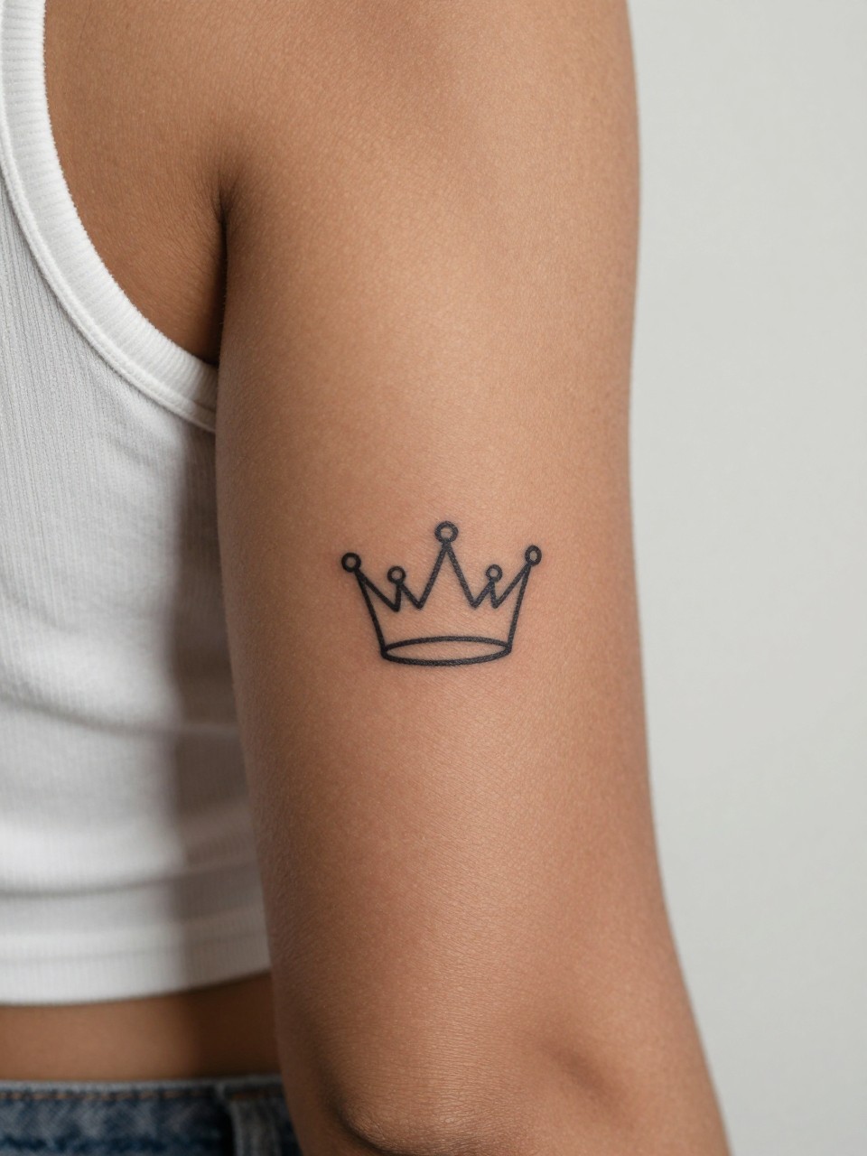 "close-up of a tiny crown tattoo on dark skin at the back of the arm, small black ink design, clean fine line details, minimalist style, realistic skin texture, soft knit sleeve edge, tight crop, minimal background, design-focused feminine tattoo inspiration photography (no watermarks on images)"