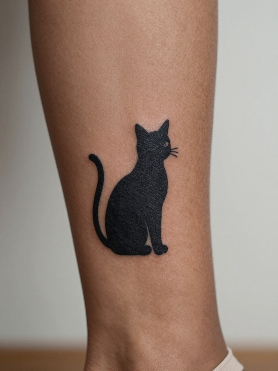 "close-up of a black cat silhouette tattoo on dark skin at the calf, crisp black ink, small to medium minimalist design, clean outline, realistic skin texture, neutral shoe strap nearby, soft minimal background, design-focused modern feminine tattoo photography (no watermarks on images)"