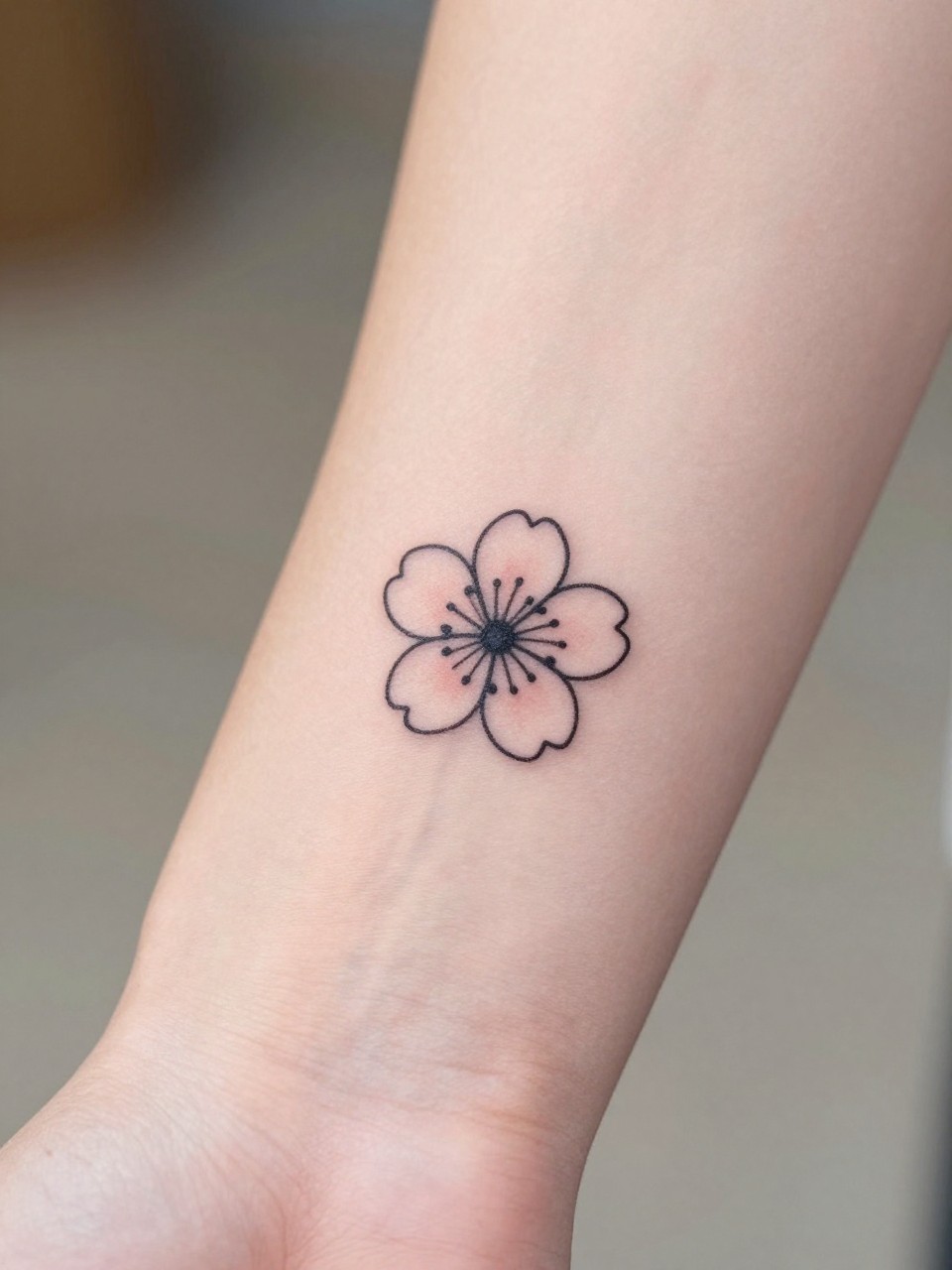 close-up of a tiny Japanese plum blossom tattoo on the inner wrist, small blossom with clean petal lines, black ink with soft pink detail, fine minimalist traditional style, realistic skin texture, design-focused close-up, blurred neutral background, modern tattoo photography (no watermarks on images)