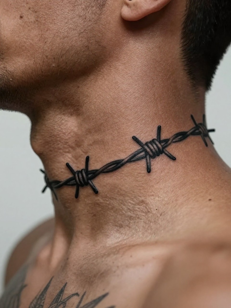  "extreme close-up of a barbed wire neck tattoo on deep brown skin, black ink, sharp wire twists and thorn details, bold clean linework, masculine edgy style, realistic skin texture, fresh haircut and beard line visible, soft minimal background, design-focused tattoo inspiration photography (no watermarks on images)"