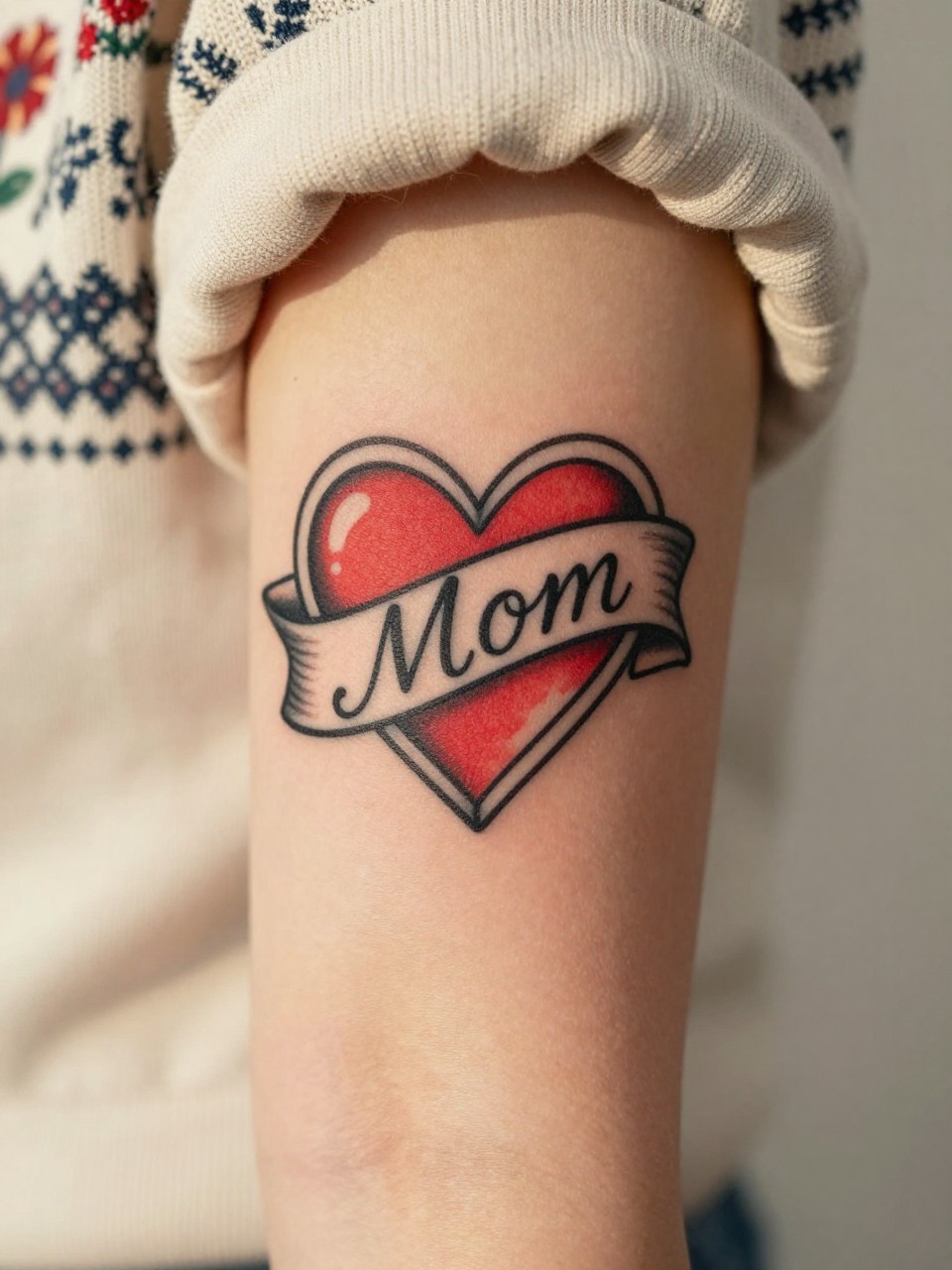 Image Prompt: "Extreme close-up of a bold traditional heart tattoo with a flowing banner reading 'Mom' in classic script on the inner arm. Clean, heavy lines. She's wearing a vintage-inspired sweater pushed up. Warm afternoon light, soft cream background."