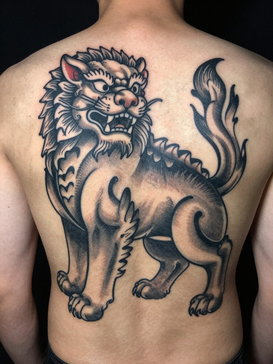 close-up of a full back Japanese Foo Dog tattoo on a man, guardian lion-dog face and body, curled fur details, black and grey ink, bold traditional linework, soft shading, realistic skin texture, dramatic tattoo visibility, minimal background (no watermarks on images)