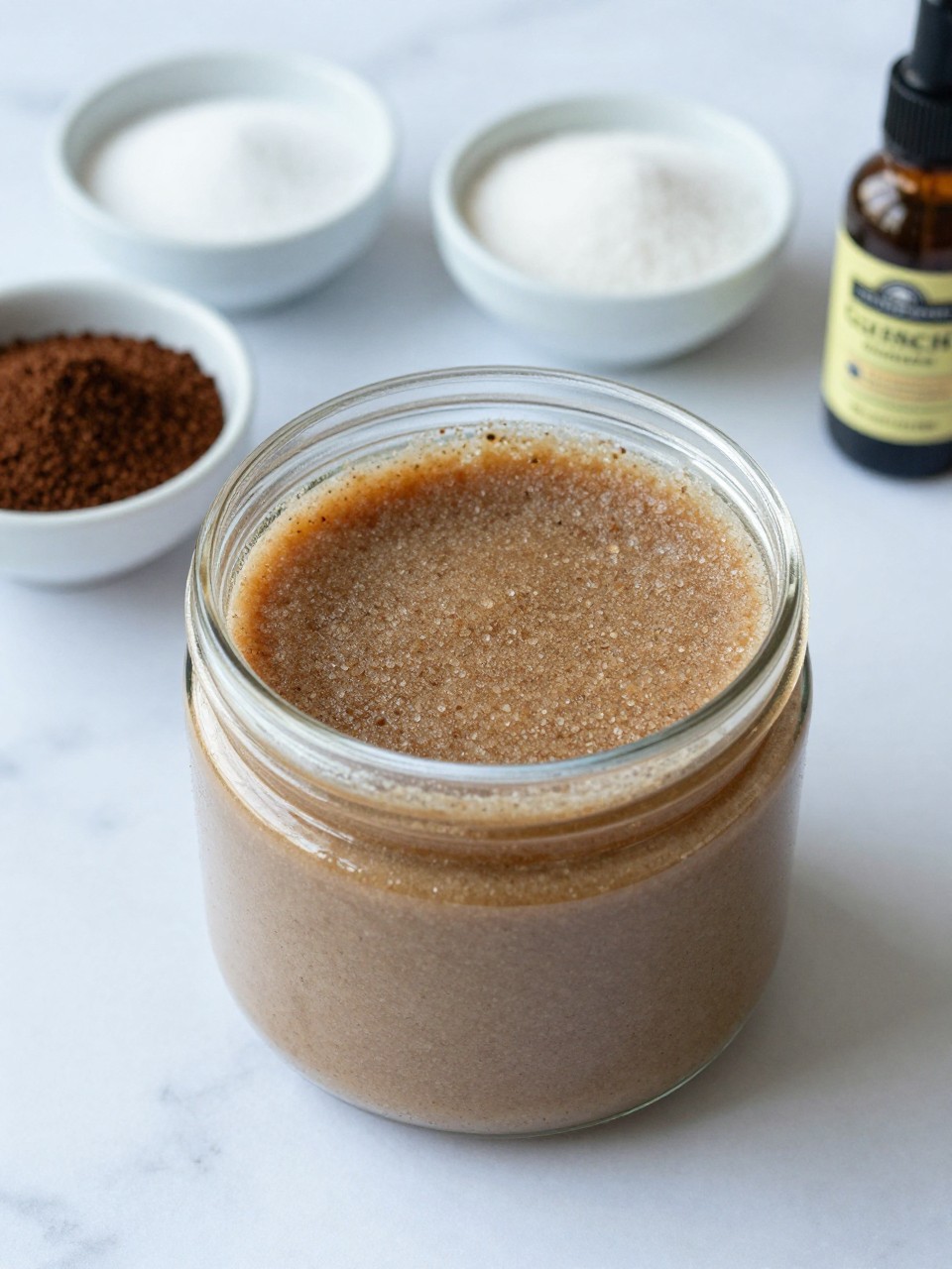 A realistic close-up photo of a glass jar filled with vanilla coffee sugar scrub on a clean white marble countertop. A small bowl of coffee grounds, a bowl of sugar, a dish of coconut oil, and a bottle of vanilla extract are arranged neatly around the jar. Bright cool-toned natural light, crisp detail, realistic texture, clean minimal setup, strong focus on the layered scrub texture, no people, no text, (no watermarks on images)