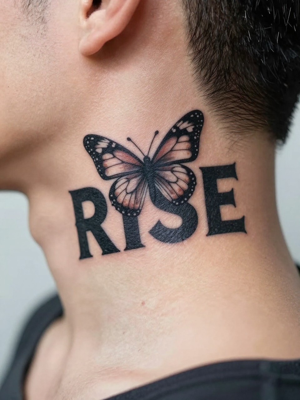 "Close-up of the side neck: the word 'RISE' in bold block letters, with a butterfly tattoo emerging from the 'R'. The integration is clever and the statement is direct."