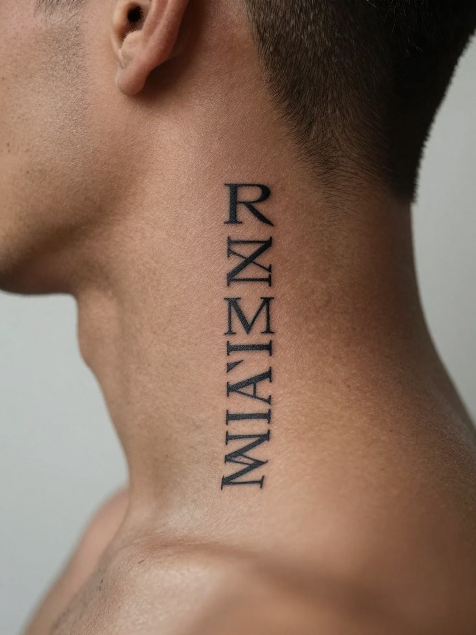 "design-focused close-up of Roman numeral tattoo on rich brown skin at the side neck, crisp black ink, fine line lettering, clean vertical placement, masculine minimal style, realistic skin texture, fade haircut visible, tight crop, soft blurred background, modern tattoo inspiration photo (no watermarks on images)"