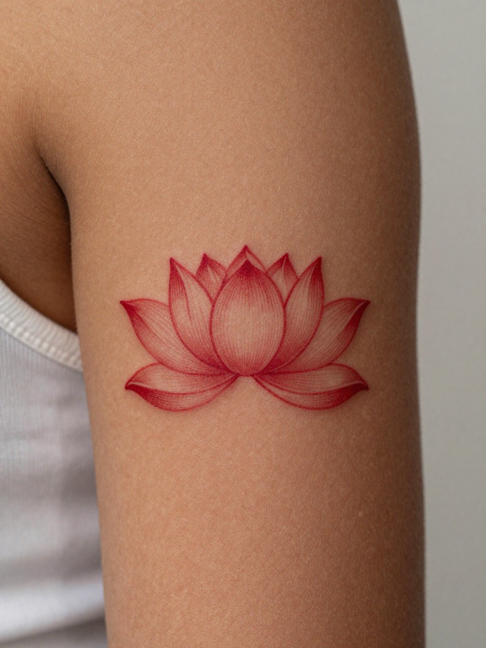 "macro shot of a small red lotus tattoo on deep brown skin at the inner arm, clean red ink, fine line petal detail, small symmetrical design, realistic skin texture, delicate gold ring visible, tight crop, soft neutral background, design-first feminine tattoo inspiration image (no watermarks on images)"