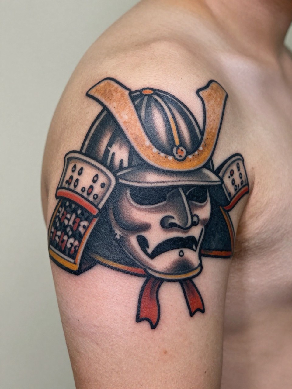 macro shot of a Japanese samurai helmet armband tattoo on a man's upper arm, detailed helmet design with filler wrapping around the arm, black and grey ink, bold traditional linework, smooth shading, realistic skin texture, design-first composition, soft neutral background, tattoo inspiration image (no watermarks on images)