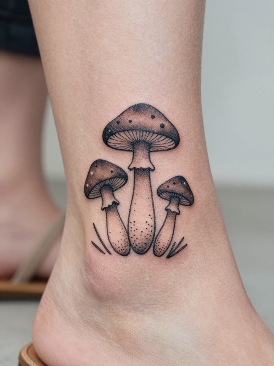 "design-focused close-up of a hand-poked style mushroom trio tattoo on women's ankle, black ink, simple caps and stems, soft dotwork accents, clean earthy boho flash style, realistic skin texture, sandal strap visible, minimal blurred background, modern tattoo inspiration photo (no watermarks on images)"