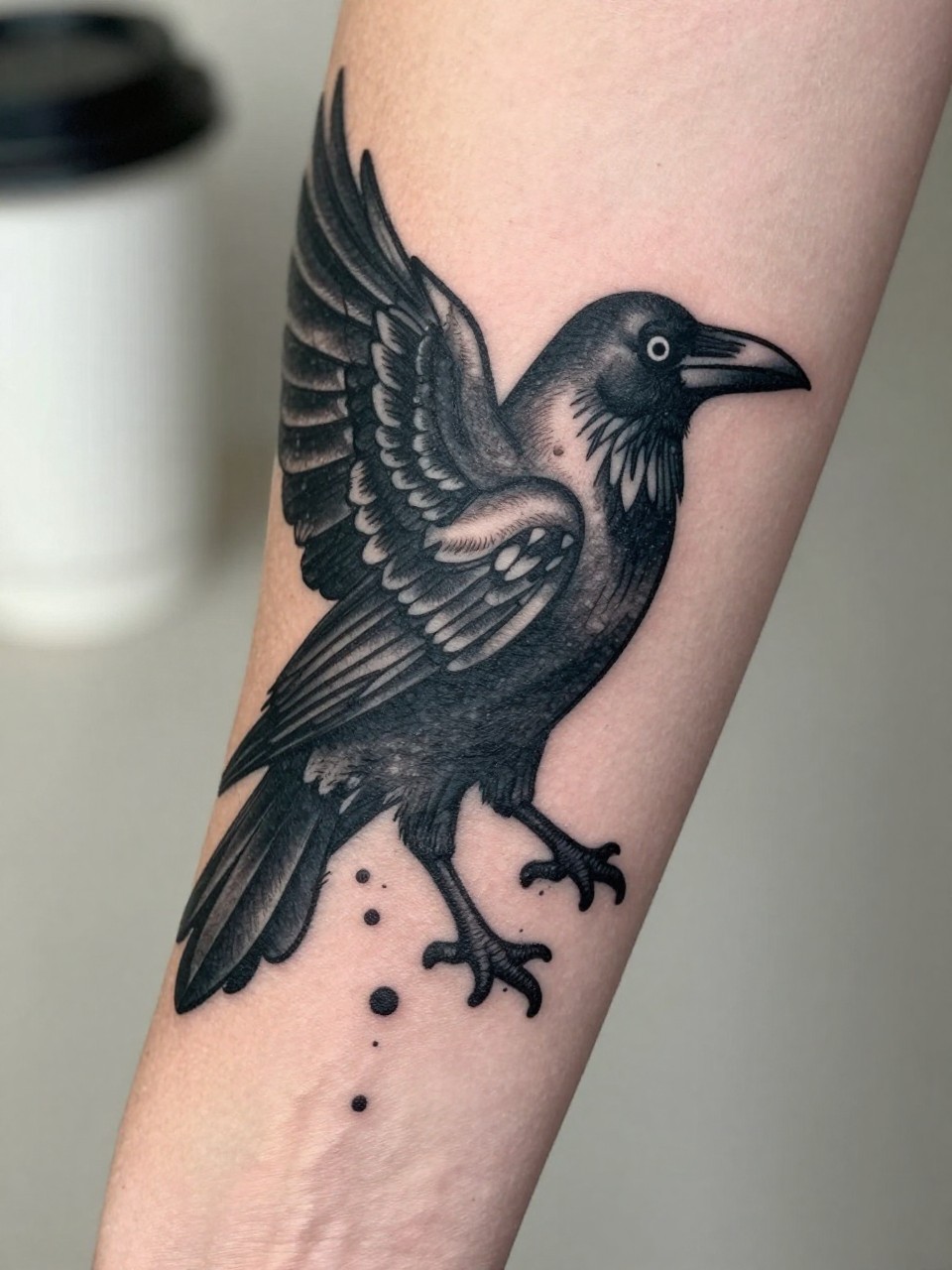  "extreme close-up of a black crow tattoo with ink spill effect on the forearm, bold blackwork, splattered and dripping ink accents, detailed wings and feathers, realistic skin texture, coffee cup softly nearby, minimal neutral background, modern lifestyle tattoo photography, design-focused close-up (no watermarks on images)"