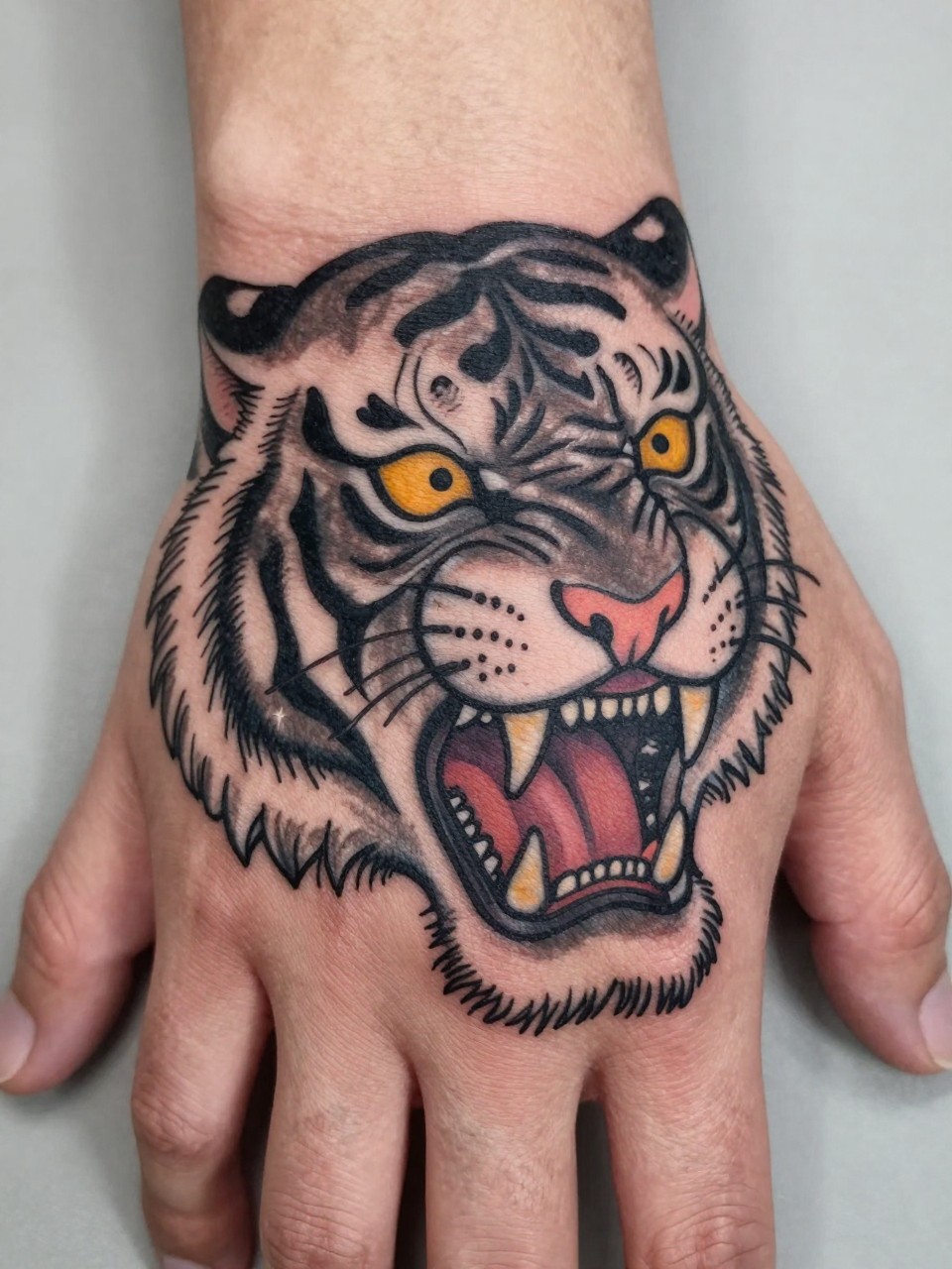 extreme close-up of a traditional Japanese tiger face tattoo on the back of the hand, roaring expression, striped fur detail, black and grey ink, bold traditional linework, smooth shading, realistic skin texture, minimal soft background, design-focused tattoo inspiration photography (no watermarks on images)