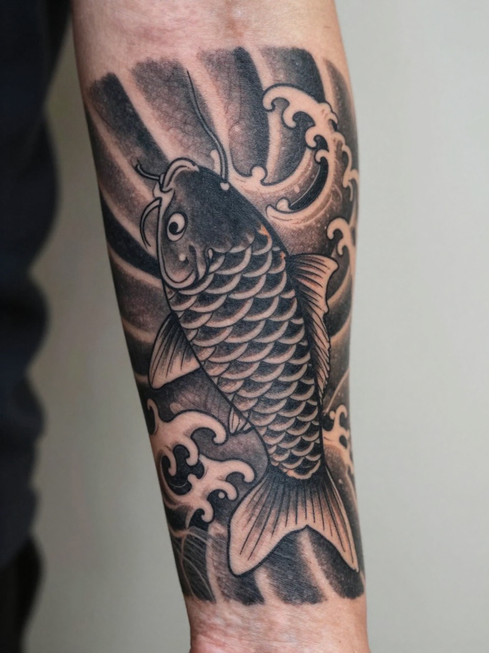 design-focused close-up of a traditional Japanese koi fish tattoo with waves on the forearm, detailed fish scales, flowing water, bold black and grey ink, traditional linework, soft shading, realistic skin texture, tight crop, minimal blurred background, modern tattoo inspiration photo (no watermarks on images)