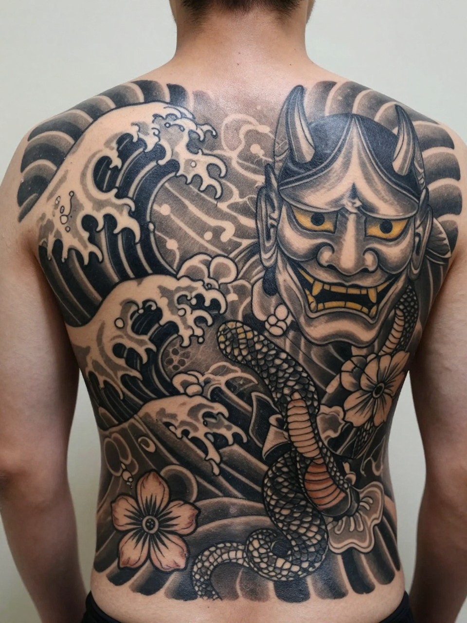 "extreme close-up of a blackwork full back Japanese tattoo on a man, mixed elements including waves, mask, serpent, clouds, and flowers, heavy black ink, strong contrast, bold traditional-inspired linework, realistic skin texture, design-focused tattoo inspiration photography, soft neutral background (no watermarks on images)"