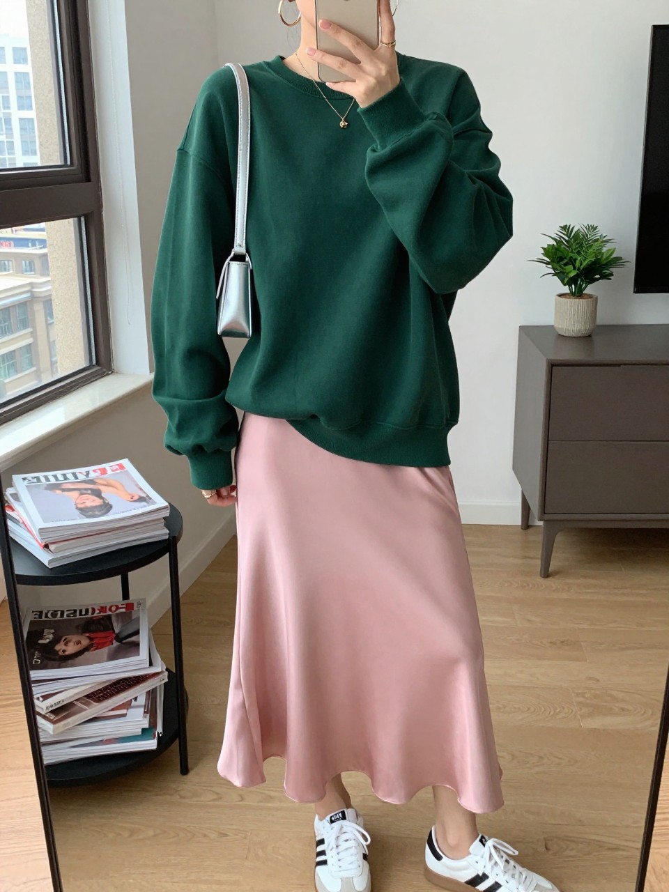 mirror selfie of a woman wearing an oversized forest green sweatshirt in soft cotton, a pink satin midi skirt with a fluid finish, white retro sneakers, a small silver shoulder bag, and chunky gold hoop earrings, holding a phone in front of a mirror, cropped at NECK so the face does not show, with a relaxed casual selfie pose, in a stylish city apartment, natural window light, including a stack of fashion magazines on a side table and a small plant on a dresser, latest iPhone photo quality. (no watermarks on images)