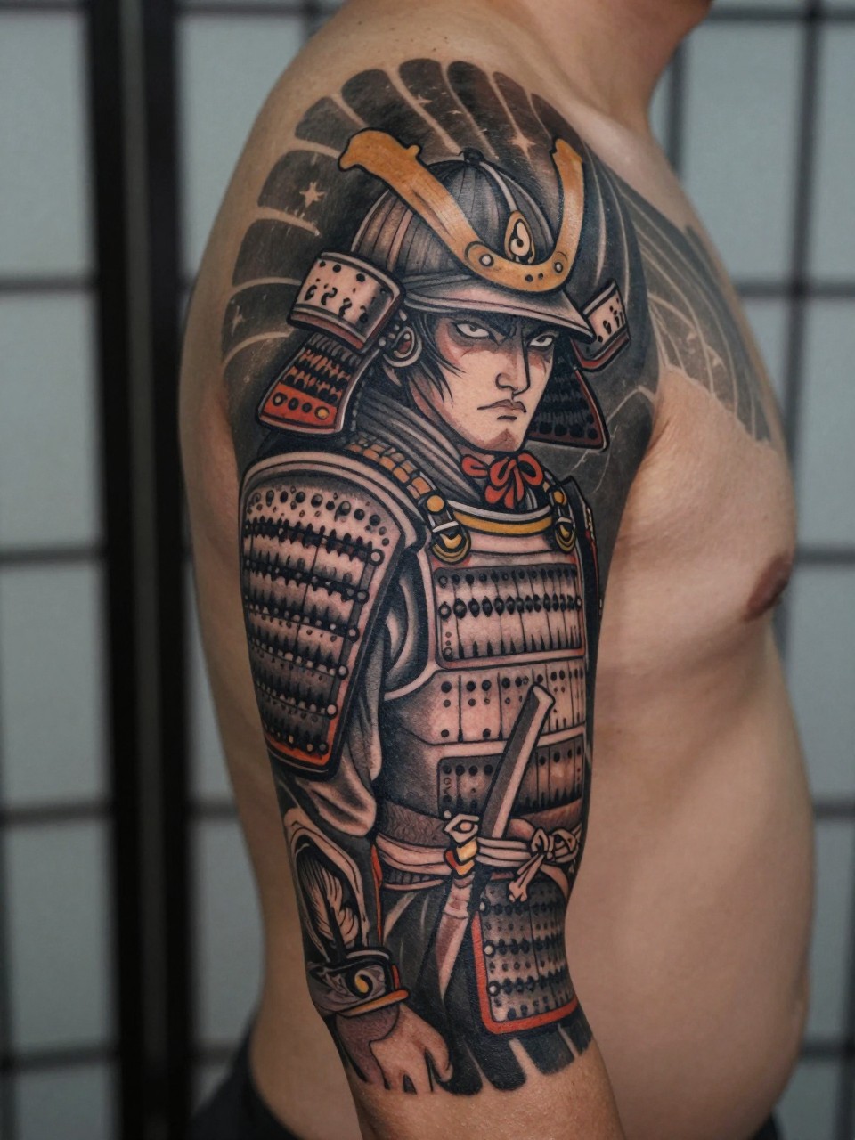 design-focused close-up of a samurai warrior full sleeve tattoo on dark skin, detailed armor, helmet crest, sword accents, black and grey ink with smooth shading, bold traditional linework, realistic skin texture, tight crop, masculine styling, blurred neutral background, modern tattoo inspiration photo (no watermarks on images)