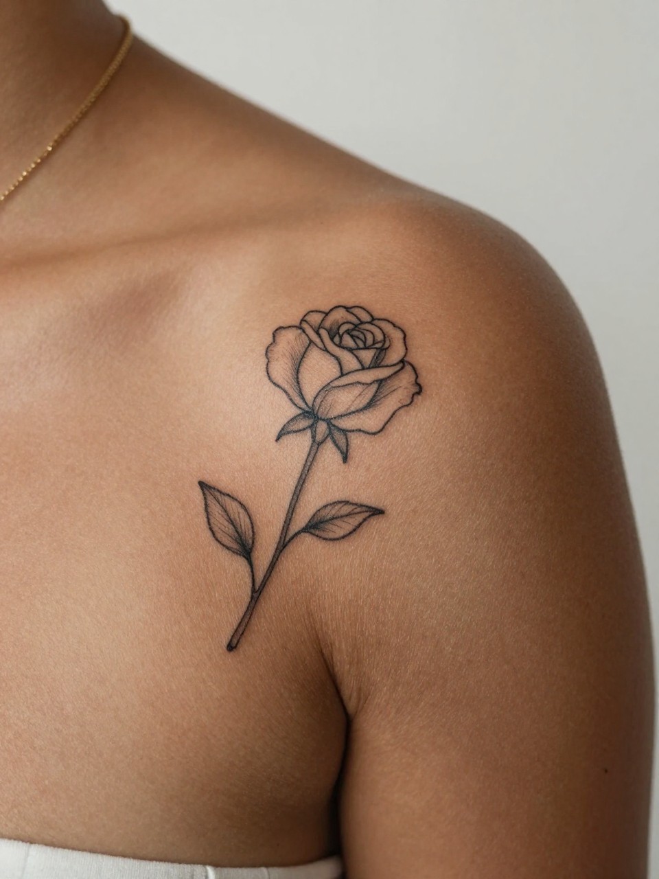  "extreme close-up of a mini rose outline tattoo on deep brown skin at the shoulder, black ink, fine line petals, clean delicate stem, small minimalist floral design, realistic skin texture, gold necklace chain slightly visible, minimal background, modern feminine tattoo inspiration photo (no watermarks on images)"