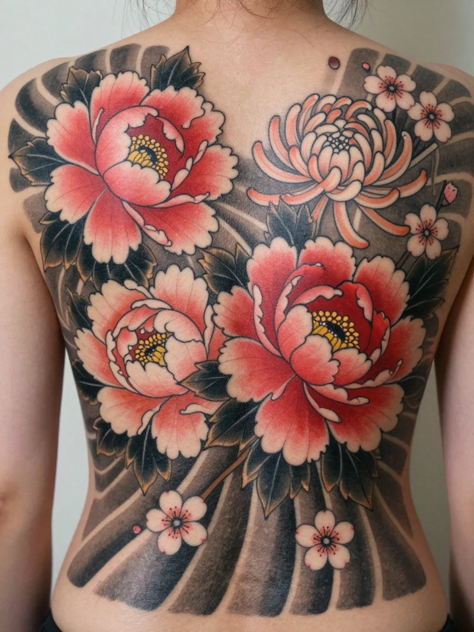 extreme close-up of a full back Japanese flower tattoo panel, large peonies chrysanthemums and cherry blossoms across the back, black and grey ink with soft red and pink accents, bold traditional linework, smooth shading, realistic skin texture, design-focused tattoo inspiration photography, soft neutral background (no watermarks on images)