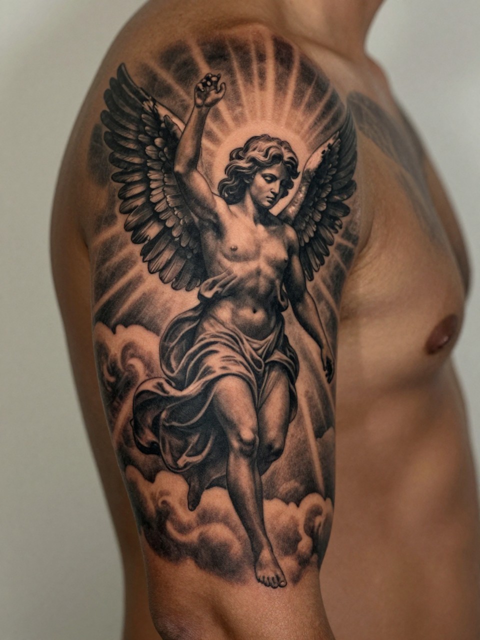 extreme close-up of an angel and heaven full sleeve tattoo on deep brown skin, angel figure with wings, cloud details, light rays, black and grey realistic shading, bold masculine composition, realistic skin texture, tight crop, design-focused tattoo visibility, soft neutral background, modern tattoo inspiration photography (no watermarks on images)
