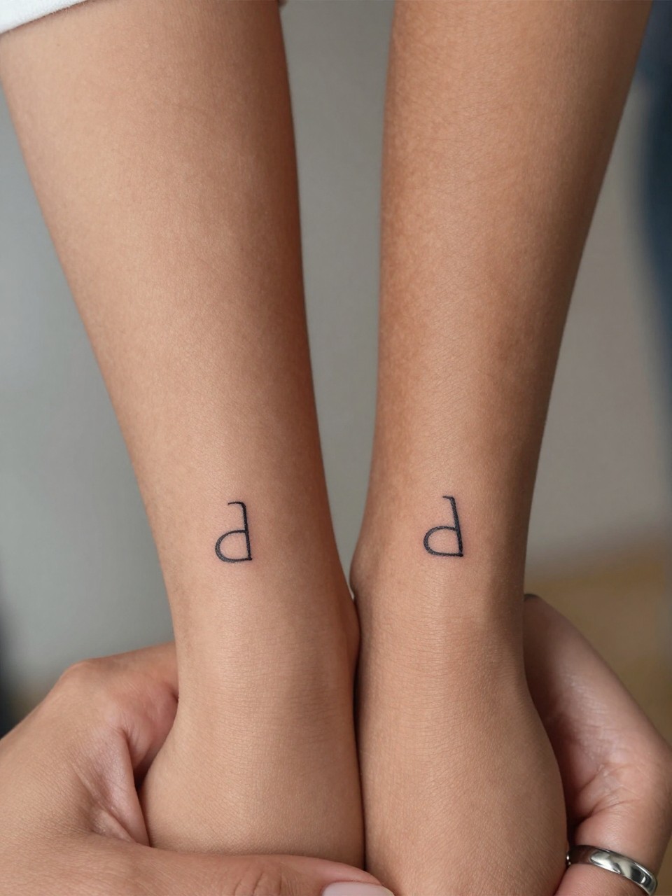 "close-up of matching initial tattoos on dark skin, one small fine line initial on each person's finger or wrist, clean black ink, minimalist lettering, realistic skin texture, neutral manicure and ring visible, design-focused close-up, blurred background, modern tattoo photography (no watermarks on images)"