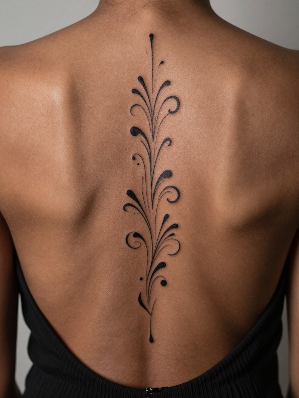 close-up of an ornamental spine tattoo on deep brown skin, black ink, symmetrical decorative linework flowing down the spine, soft dotwork accents, elegant feminine detail, realistic skin texture, backless dress visible, design-focused close-up, neutral blurred background, modern tattoo photography (no watermarks on images)