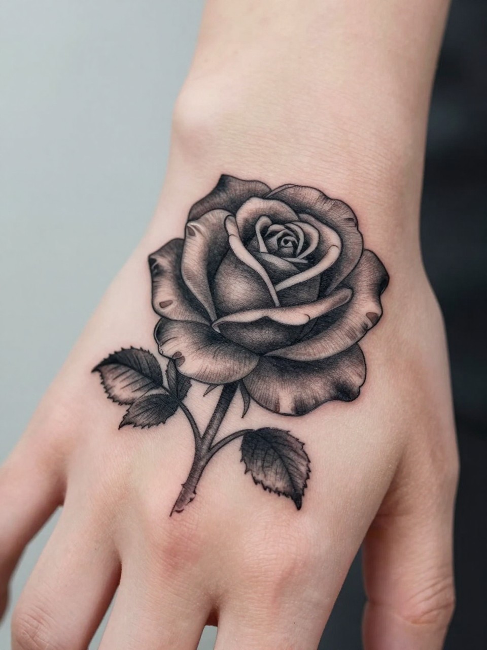  "close-up of a black rose tattoo on the back of the hand, rich black ink petals, soft grey shading, fine line floral details, realistic skin texture, neutral manicure visible, design-focused close-up, blurred minimal background, modern tattoo photography (no watermarks on images)"