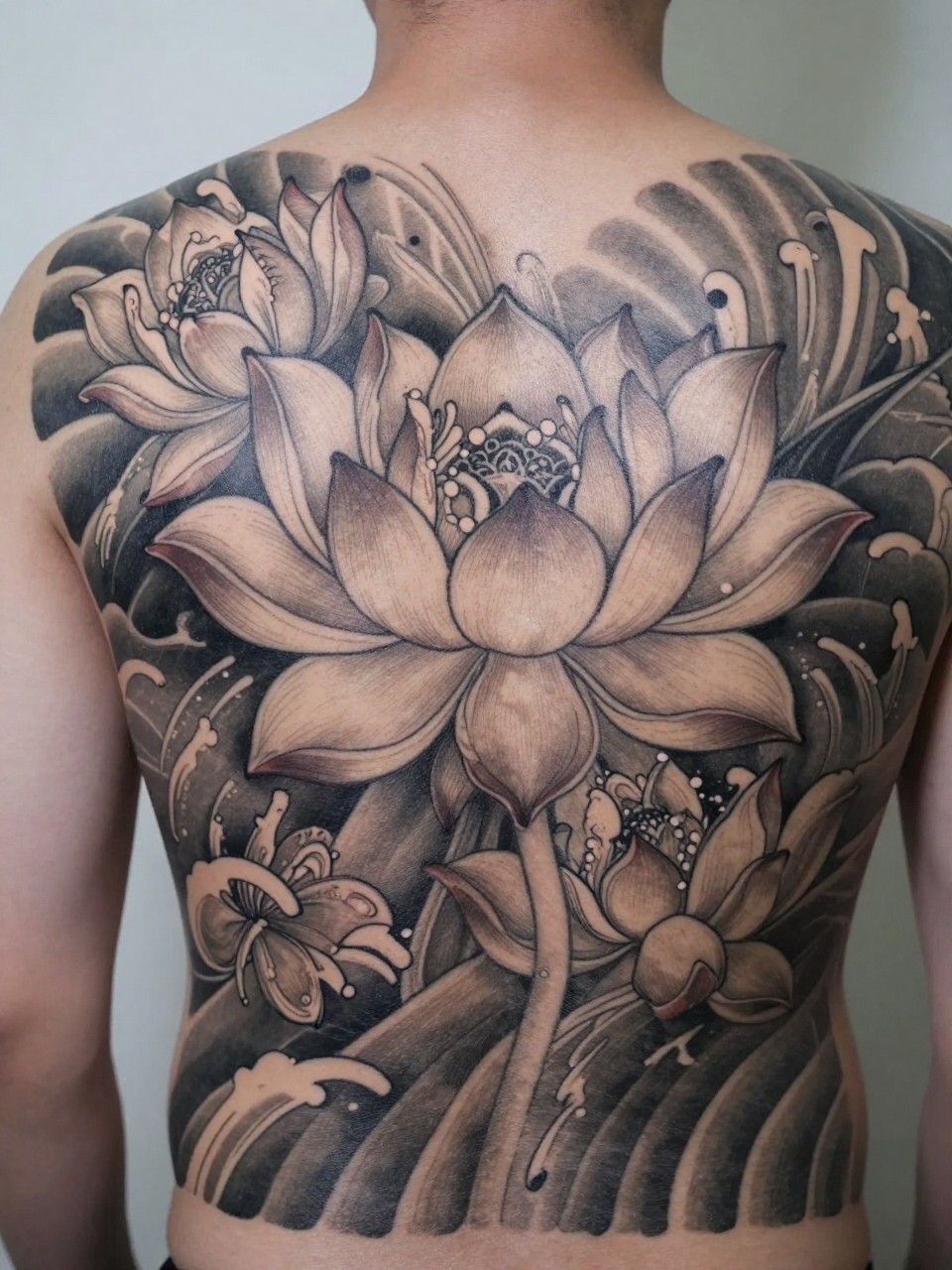 close-up of a full back Japanese lotus and water tattoo on a man, large lotus blooms with flowing water accents across the back, black and grey ink, fine traditional linework, soft shading, realistic skin texture, design-focused tattoo visibility, minimal background (no watermarks on images)